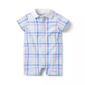 Janie and Jack Baby Gingham Polo Romper in Light Blue Gingham Size 3-6 Months